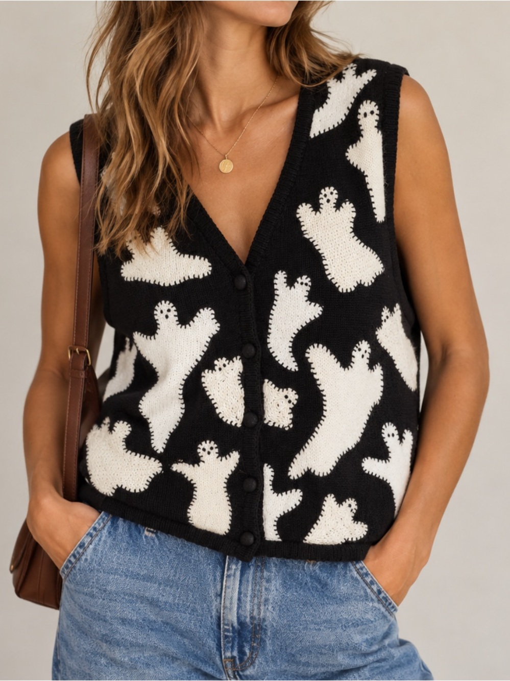 Hampshire Studio Halloween Ghost Knit Sweater Vest